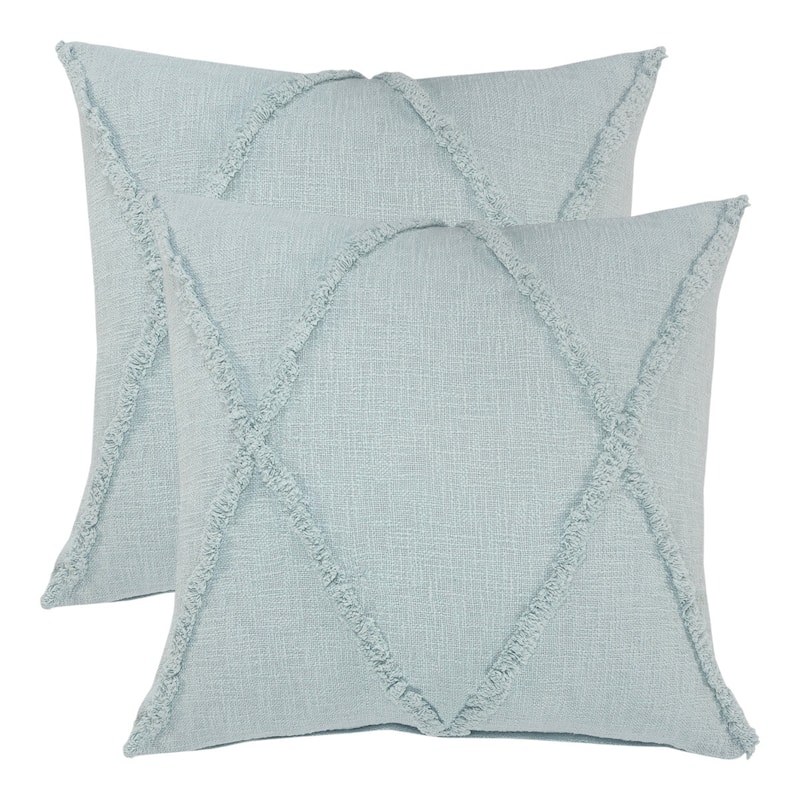 Set of Two Blue Diamond Cotton Throw Pillow With Fringe