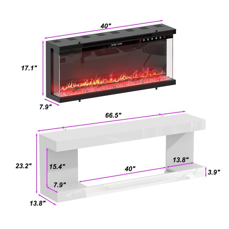 Modern Electric Fireplace TV Stand, High Gloss White Console, 40" LED Insert