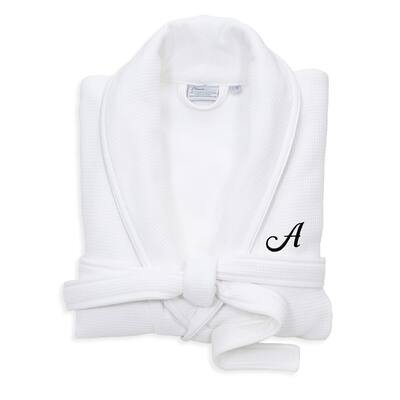 Authentic Hotel and Spa White Unisex Turkish Cotton Waffle Weave Terry Bath Robe with Black Script Monogram