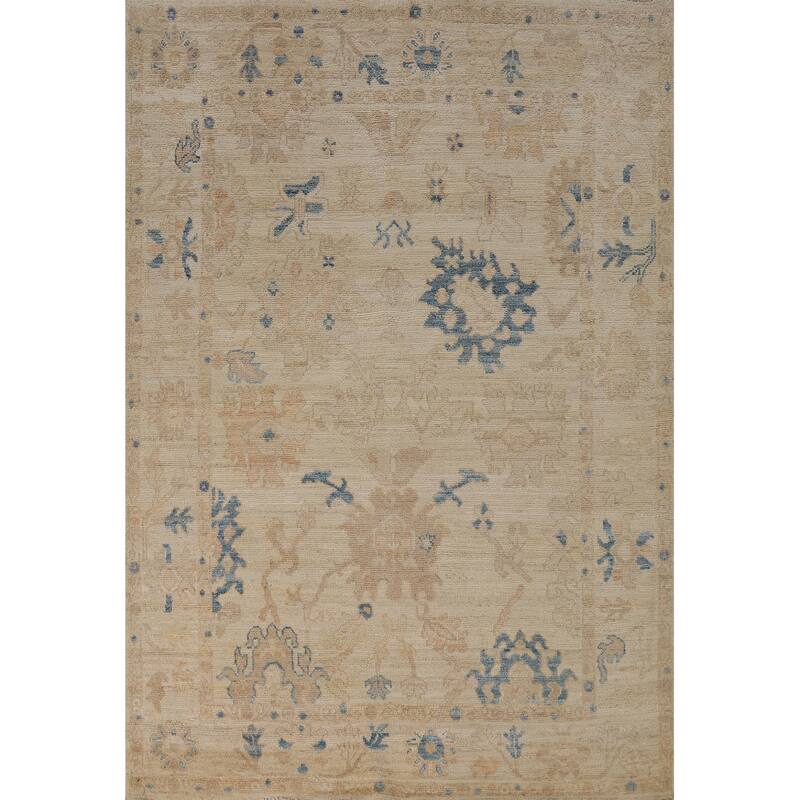 Vegetable Dye Oushak Turkish Rug Hand-Knotted Beige Wool Carpet - 5'0"x 6'7"
