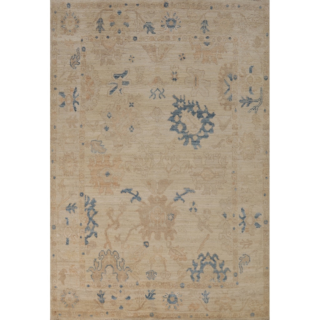 Vegetable Dye Oushak Turkish Rug Hand-Knotted Beige Wool Carpet - 5'0"x 6'7"