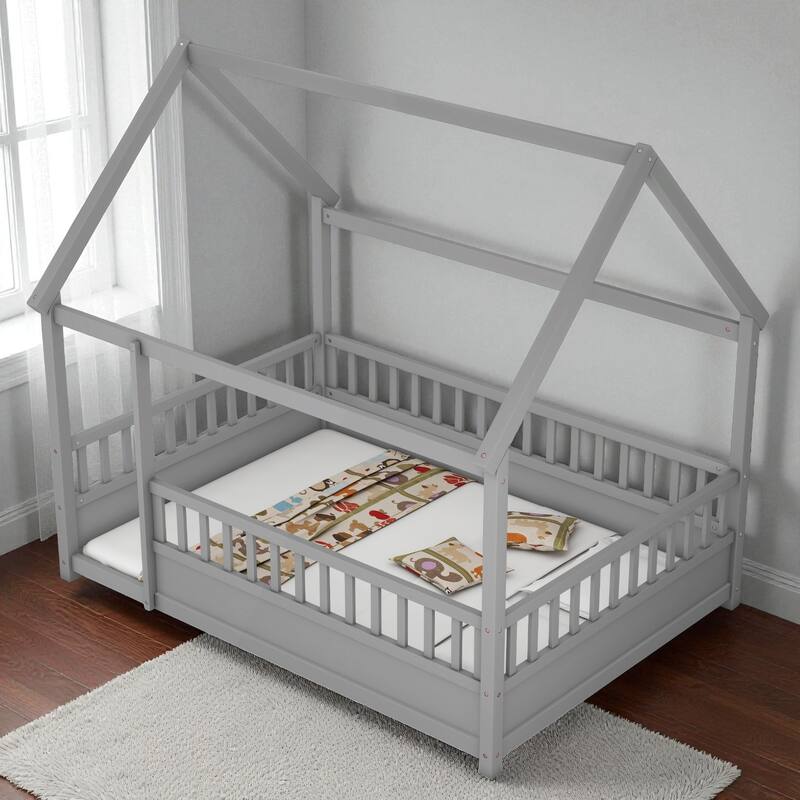 Twin/Full Wooden House Frame Floor Bed with Fence Guardrails, Montessori Style Kids Bed, Pine Wood Low Profile Design