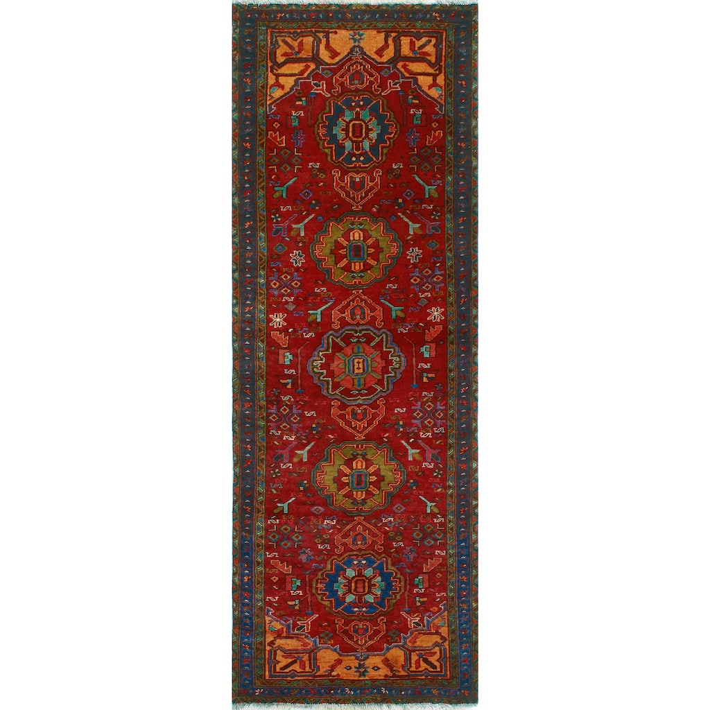 Fine Vintage Distressed Ilyass Red/Blue Runner - 3'5" x 9'11"