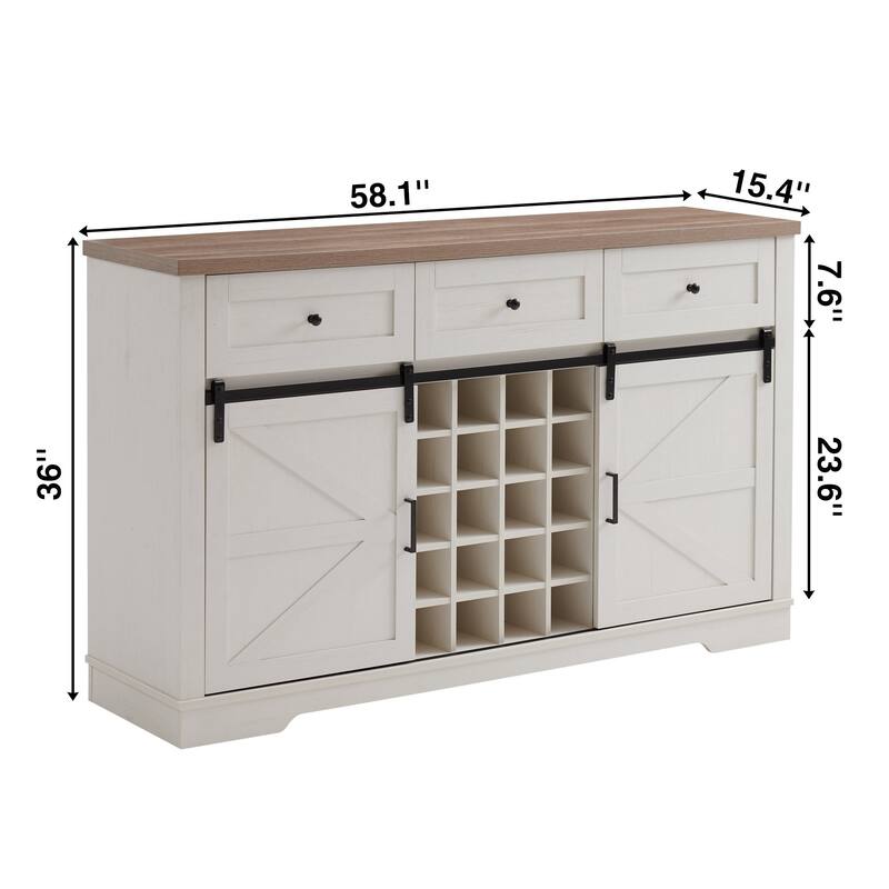 Farmhouse Wine Bar Cabinet with Sliding Barn Door, 58" Kitchen Coffee Bar Cabinet with Wine Rack & Storage