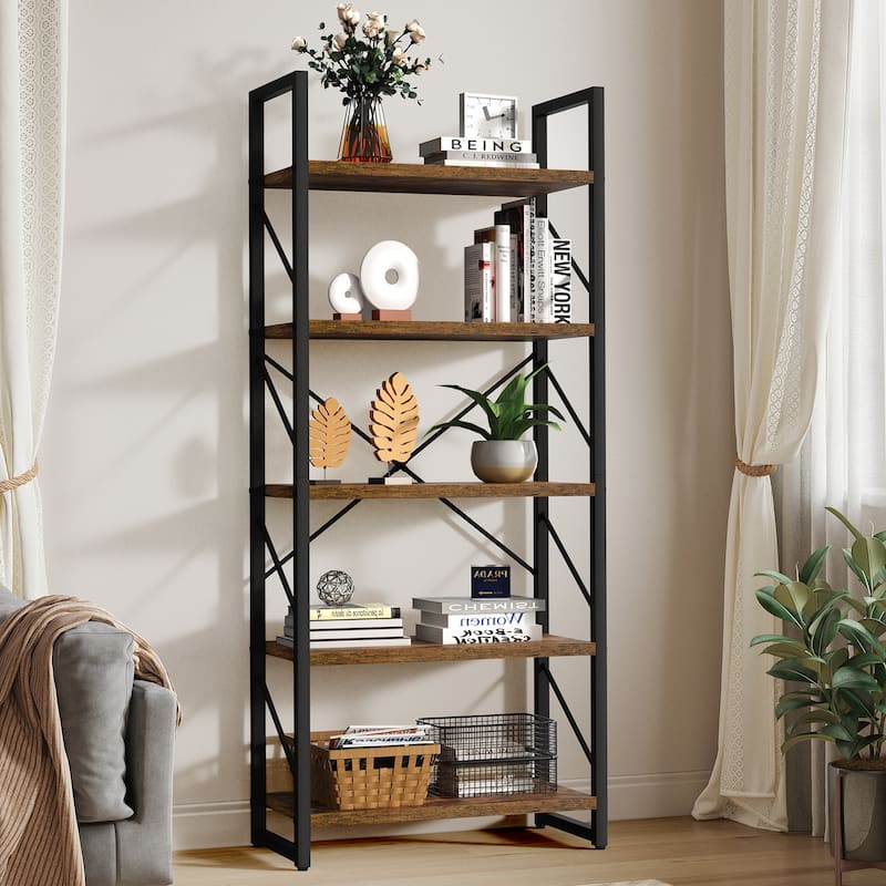 Roul Wood 5 Tiers Bookshelf Modern Bookcase Storage Rack Shelves - Brown