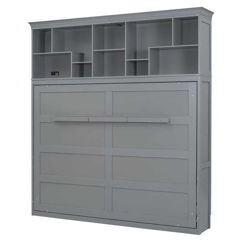 Queen Size Murphy Bed Wall Bed with Top Storage Shelves, Luxurious Foldable Storage Bed Frame with Charging Station