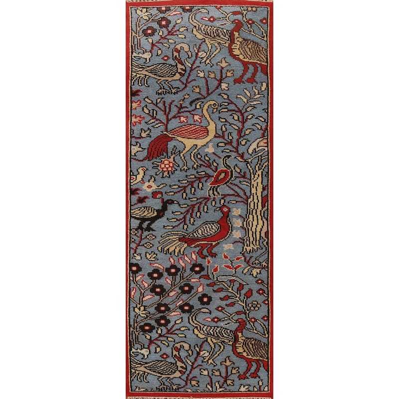Animal Pictorial Ziegler Indian Runner Rug Handmade Blue Wool Carpet - 2'5"x 8'0"