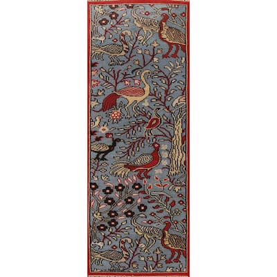 Animal Pictorial Ziegler Indian Runner Rug Handmade Blue Wool Carpet - 2'5"x 8'0"
