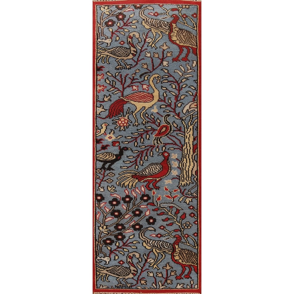 Animal Pictorial Ziegler Indian Runner Rug Handmade Blue Wool Carpet - 2'5"x 8'0"