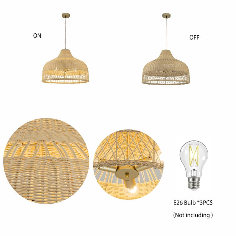 Lumara 3-Light Rattan Large Dome Pendant, Coastal Boho - Handwoven - 24" Wide