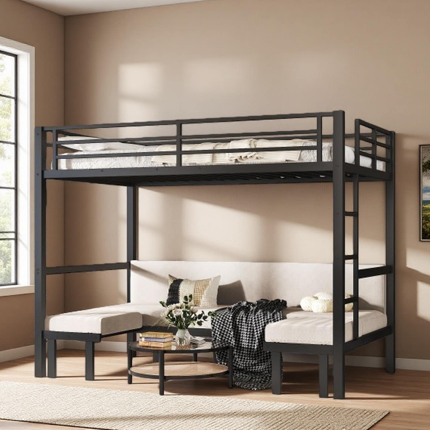 Full Size Metal Bunk Bed with Convertible Pull-Out Lower Platform, Multi-Position Expandable Bottom Bed