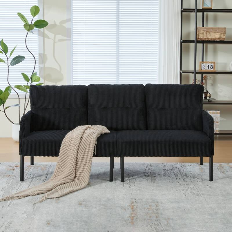 HOMEFUN Corduroy Upholstered Oversized Wood Frame Loveseat Sofa with Metal Legs and Side Pockets - Black