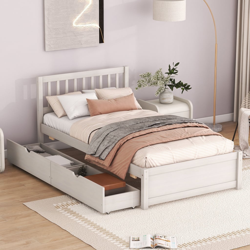 Modern Twin Size Platform Bed with 2 Drawers, Whitewashed Wood Design