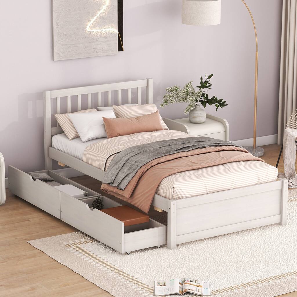 White Twin Wood Platform Bed with Storage Drawers, Contemporary Design, No Box Spring Needed