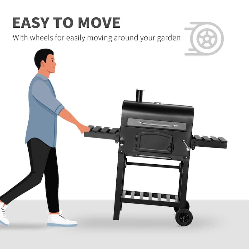 Outsunny Charcoal Grill BBQ with Adjustable Charcoal Height, Portable Barbecue Smoker with Folding Shelves, Thermometer