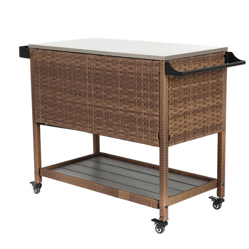 Rolling Rattan Bar Cart with Stainless Steel Table Top for Garden