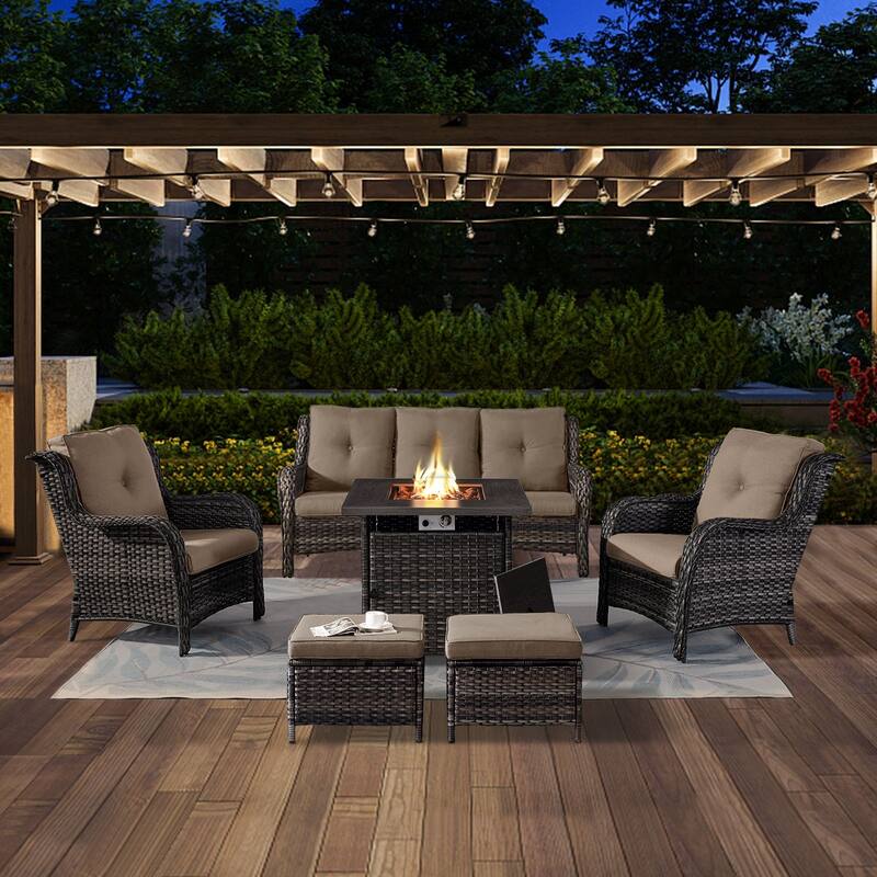 Gymojoy 6-Piece Outdoor Wicker Patio Furniture with Fire Pit Table, Rattan Coversation Set with Water Resistant Thick Cushions - Grey Wicker / Grey Cusion - 6-Piece