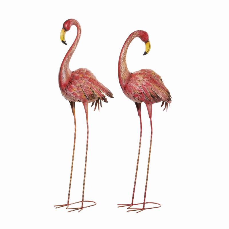 Pink Metal Indoor Outdoor Standing Flamingo Decorative Garden Sculpture with Yellow Accents and Coiled U Shaped Feet (Set of 2)