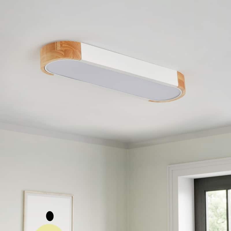 Modern Wood Grain Linear Flush Mount Ceiling Light Matte White LED Fixture for Bedroom Living Room Kitchen