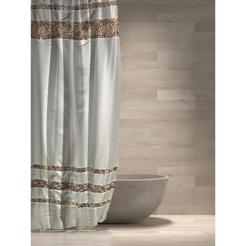 Spa Tile White Soft Fabric Shower Curtain with Multicolor Embroidered Tile Bands