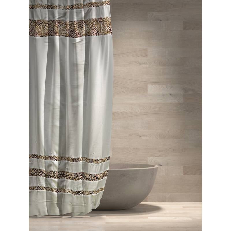 Spa Tile White Soft Fabric Shower Curtain with Multicolor Embroidered Tile Bands - 72"x96" - Brown