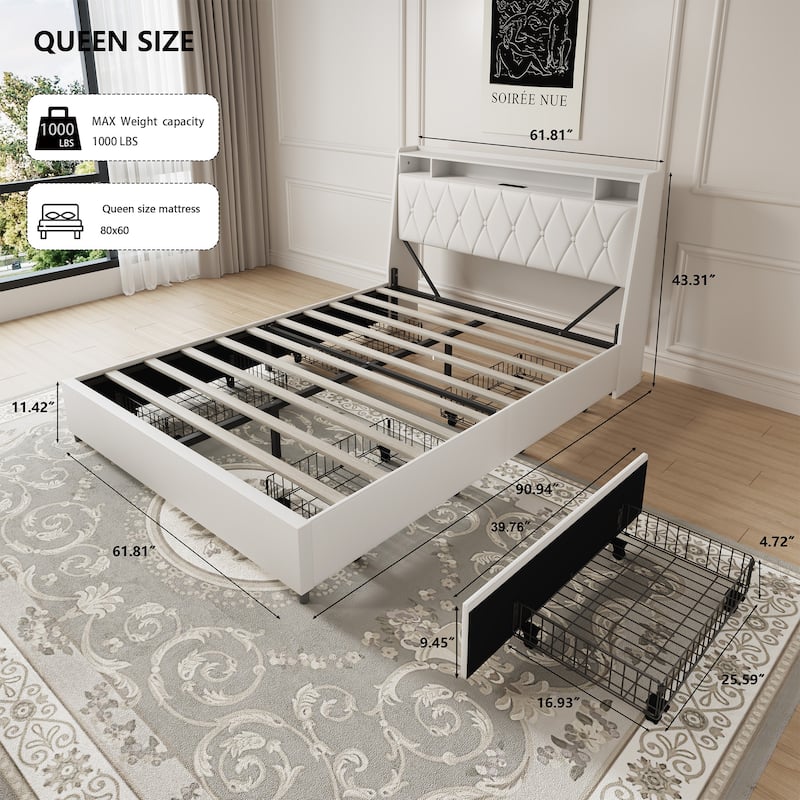 Queen Bed Frame with Ergonomic Headboard