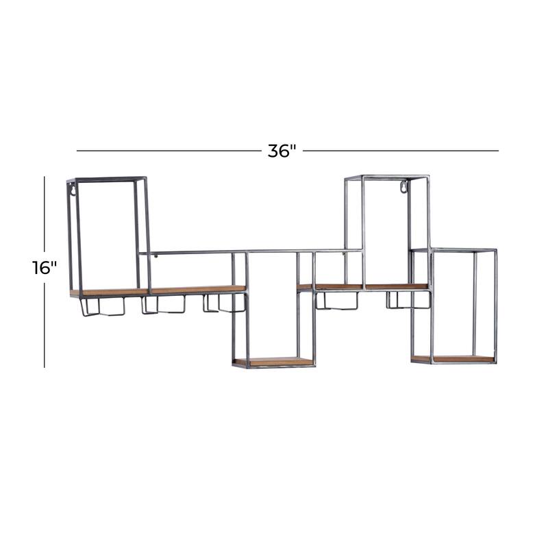 Black Metal 7 Bottle Geometric Wall Wine Rack with 5 Glass Holder Slots
