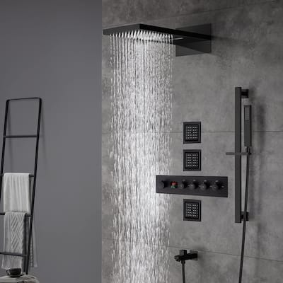 22" Rainfall Waterfall Digital Thermostatic Shower Faucet System w/ Jets, Sprayer, Slide Bar -MB - Matte Black