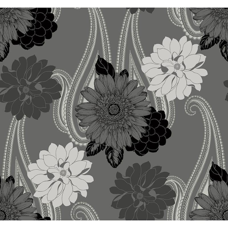 Seabrook Designs Britton Floral Paisley Unpasted Wallpaper - 27 in. W x 27 ft. L - Charcoal & Metallic Ash