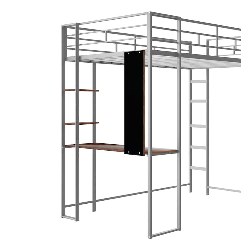Silver Twin Size Metal Loft Bed with Ladder, Fence, 2 Shelves and Desk for Bedroom