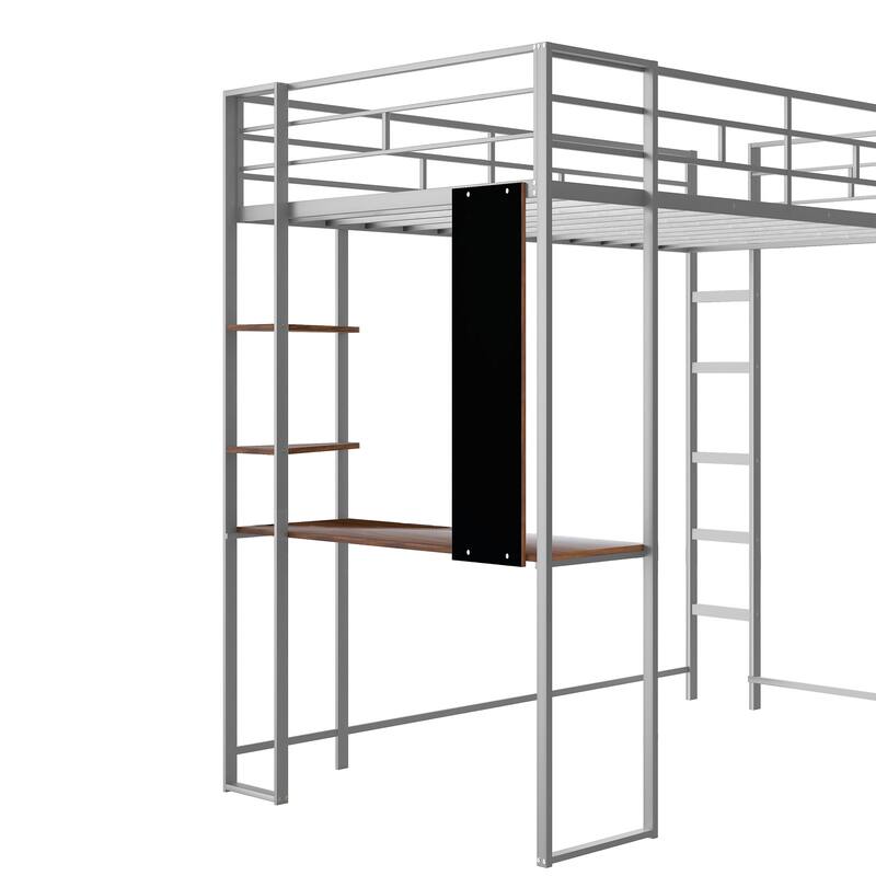 Twin Size Metal Loft Bed with Ladder, Fence, Shelves, and Desk