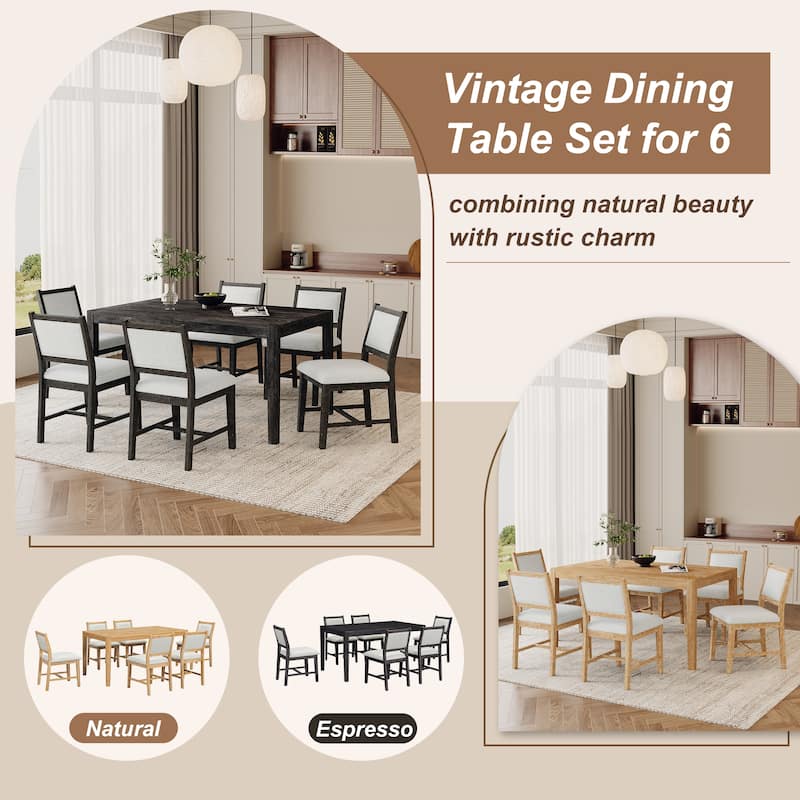 7-Piece Retro Dining Set for Six - Rectangular Wood Table & Upholstered Chairs‌