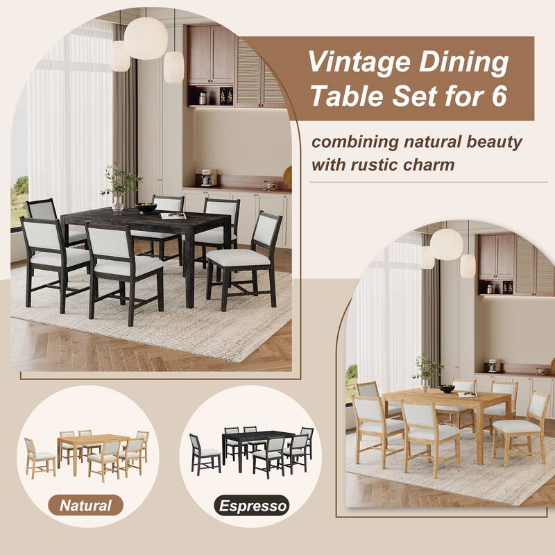 7-Piece Retro Farmhouse Dining Table Set, 59.8" Wood Rectangular Table with 6 Upholstered Chairs for Dining Room