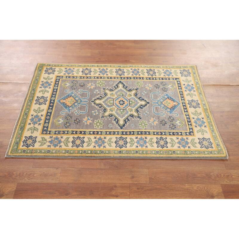 Gray Geometric Kazak Oriental Accent Rug Handmade Wool Carpet - 2'9" x 3'10"