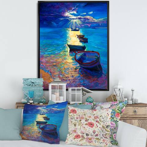 Designart "Fishing Boats on The Water With Dark Blue Sky II" Lake House Framed Canvas Wall Art Print