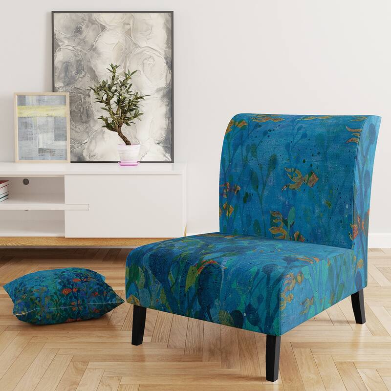 Designart "Blue Underwater Lake Leaves I" Upholstered Nautical & Coastal Accent Chair - Arm Chair