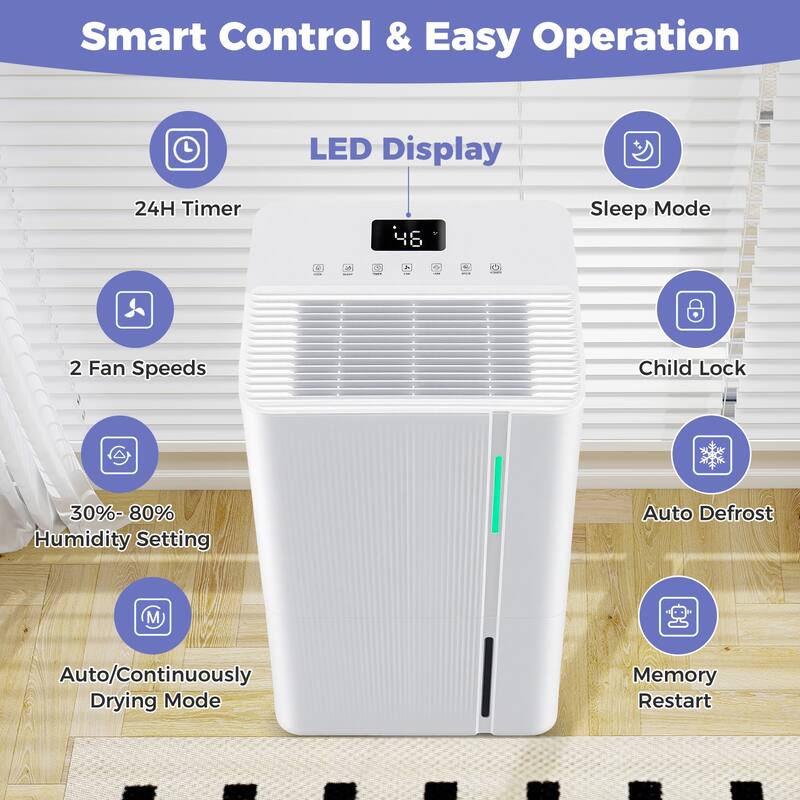White ABS High-Capacity Dehumidifier 74 Pints with LED Panel AND Drain Hose - 13.5" x 10" x 20.5"