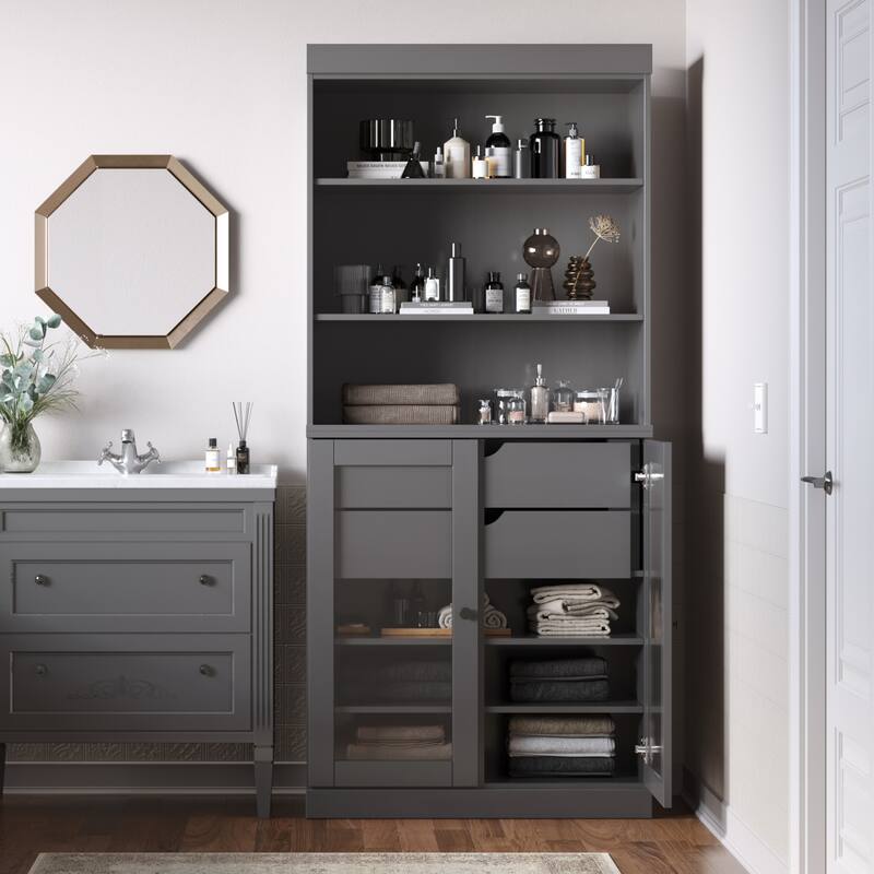 100% Solid Wood 32" Bathroom Cabinet with Optional Doors, 2-Drawers by Palace Imports - Gray - 2 Glass Doors