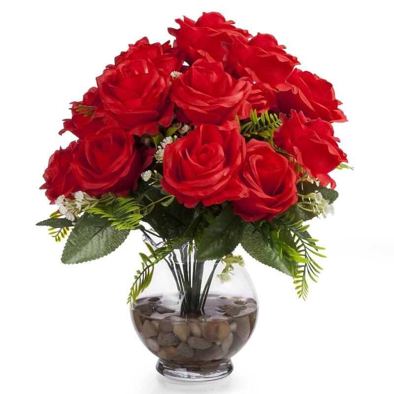Enova Home 18 Heads Silk Rose Flower in Clear Glass Vase With Faux Water and River Stone For Home Office Decoration - N/A - Red