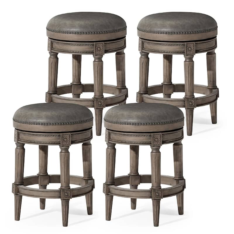 Maven Lane Pullman Backless Swivel Kitchen Stool - Set of 4 - Reclaimed Oak Vegan Leather - Counter Height