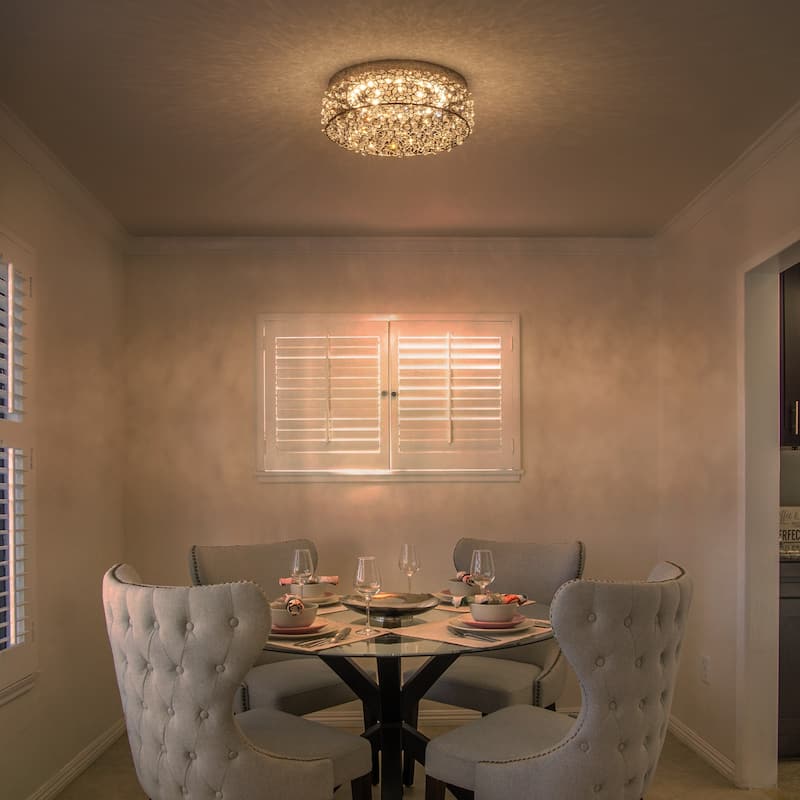 LED Flush Mount Ceiling Light with Stainless Steel Shade and Crystal - Dia.14.17-in