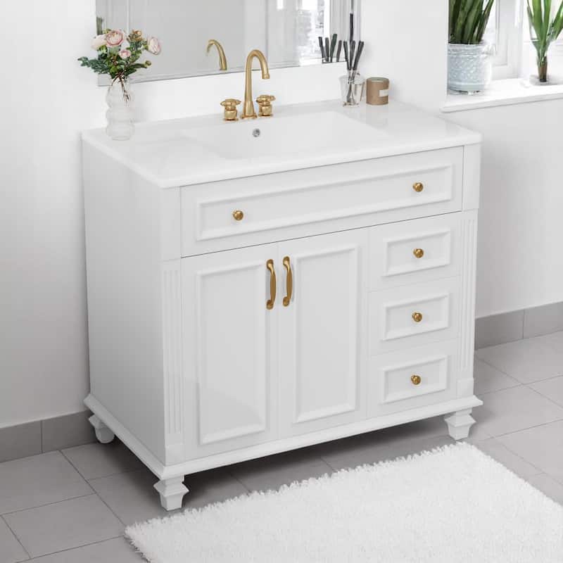 36" Bathroom Vanity with Ceramic Sink, Tilt-Out Drawer, 3 Drawers, Soft-Close Doors, Solid Wood & MDF Cabinet - White