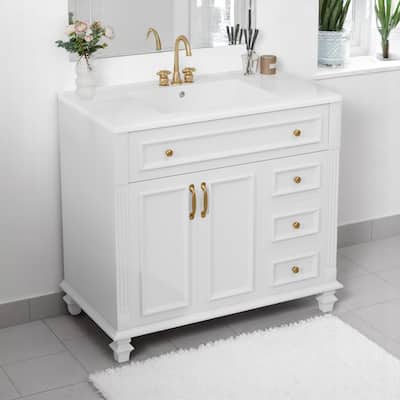 36" Bathroom Vanity with Ceramic Sink, Tilt-Out Drawer, 3 Drawers, Soft-Close Doors, Solid Wood & MDF Cabinet