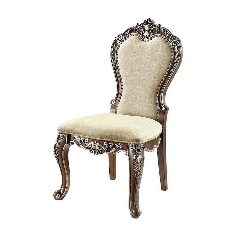 24 Inch Side Dining Chair, Set of 2, Vintage Oak Brown, Beige Chenille