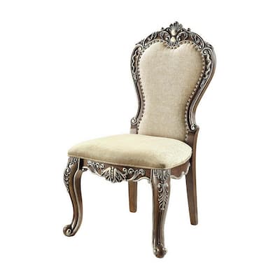 24 Inch Side Dining Chair, Set of 2, Vintage Oak Brown, Beige Chenille