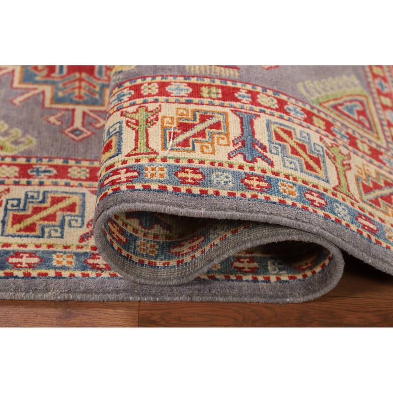 Grey Geometric Kazak Area Rug Handmade Oriental Wool Carpet - 4'1" x 6'2"