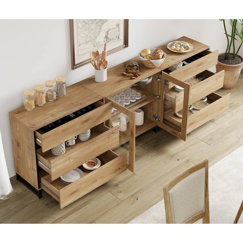 WAMPAT 3 in 1 Multifunctional Dresser with Glass Doors and 6 Drawers, Modern Chest of Drawers for Bedroom