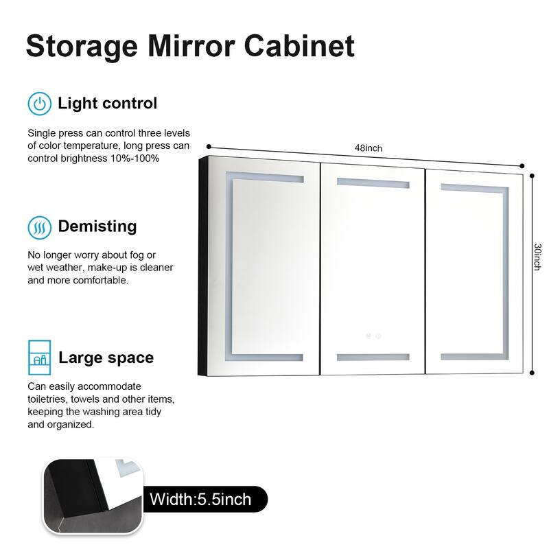 48" X 30" LED Mirror Medicine Cabinet with Lights,Aluminium,Matte Black - N/A