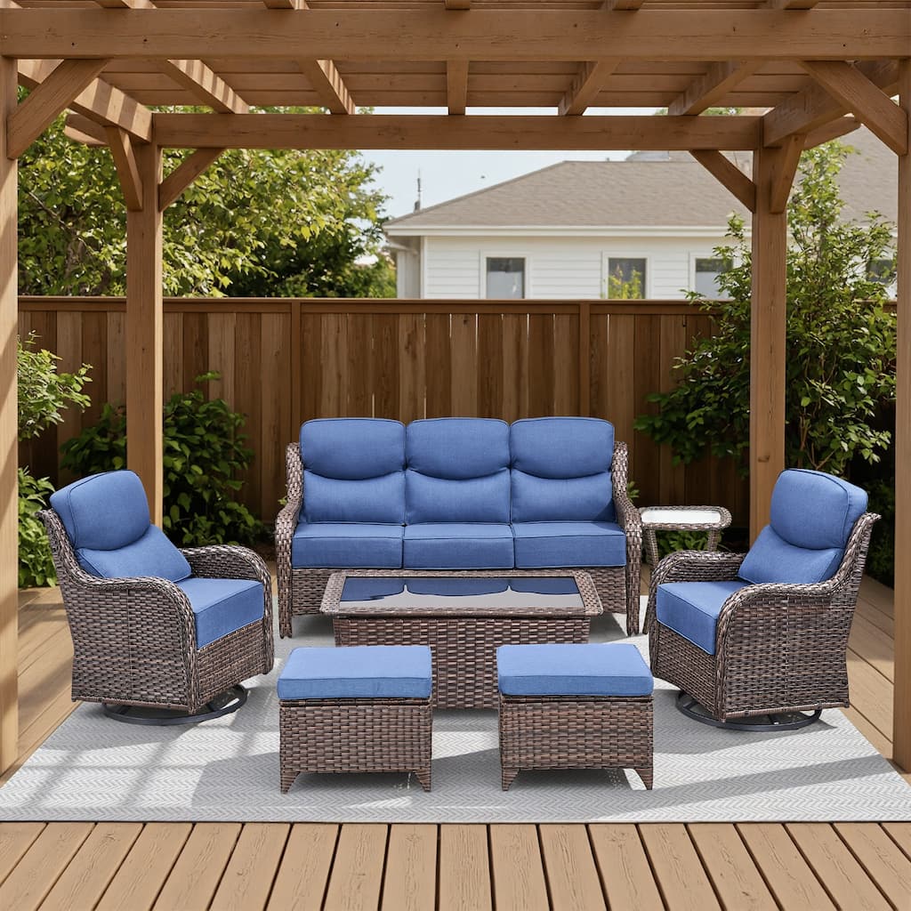 Meyreso 7-Piece Wicker Patio Conversation Set with Swivel Gliders and 6-Inch Thick Cushions