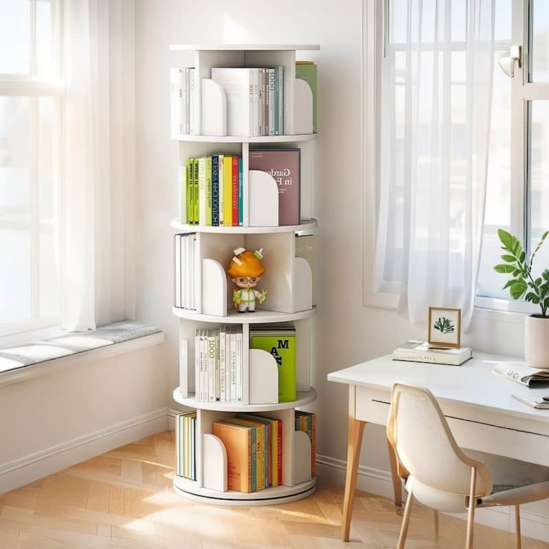 5 Tier Rotating Bookshelf, 360° Display Round Spinning Bookshelf, Space-Saving